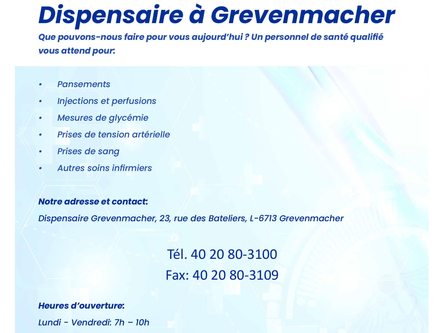 Un aperçu des services offerts par notre dispensaire, avec une image d'ambiance en arrière-plan.